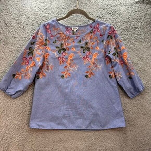 Kindred Women's Petite Medium Floral Embroidered Top 3/4 Sleeves Peasant Boho - Picture 1 of 9